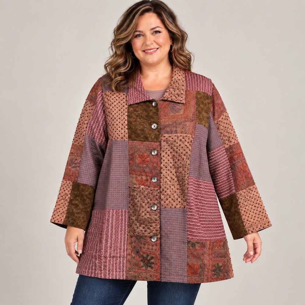 Stonebridge Signature Patchwork Jacket Women 1X Mauve Silk Blend Beaded Boho